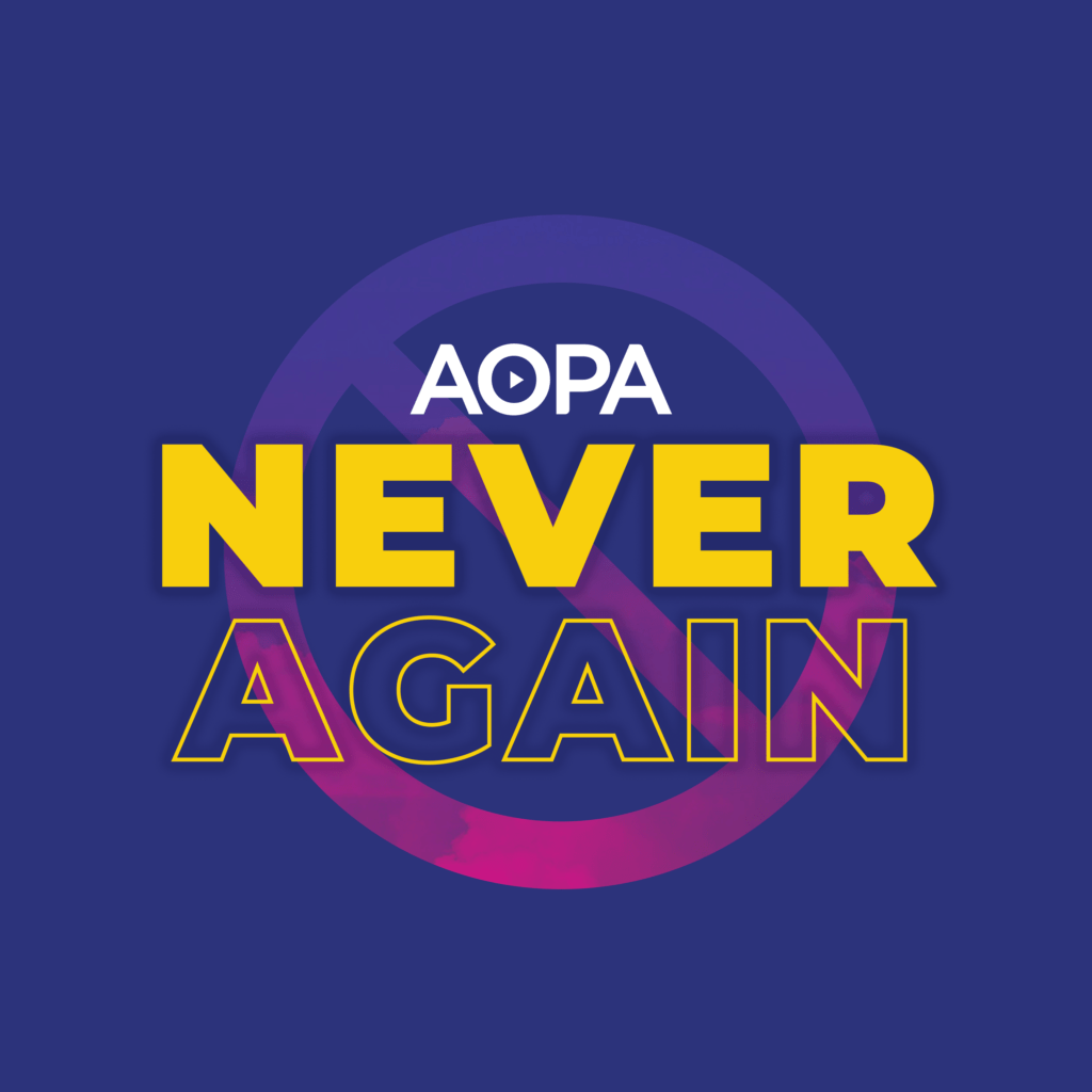 AOPA Podcast Never Again logo