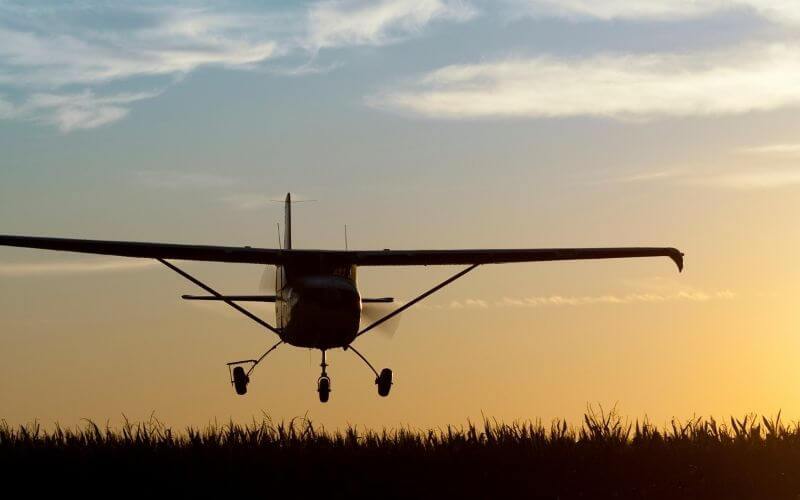 Cessna airplane over a cornfield