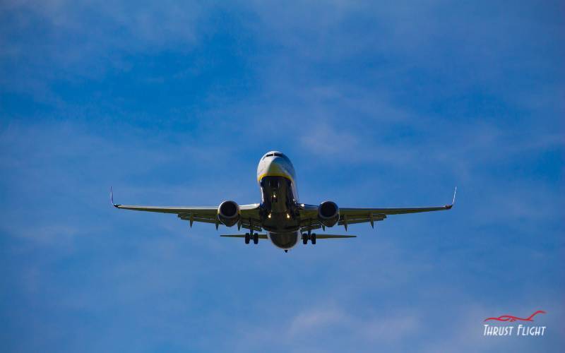Commercial airplane flying at landing speed